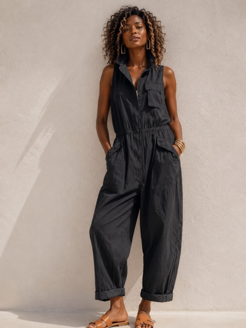 Sincerely Jules Gray Sleeveless Zip-Front Utility Cargo Jumpsuit Small NEW